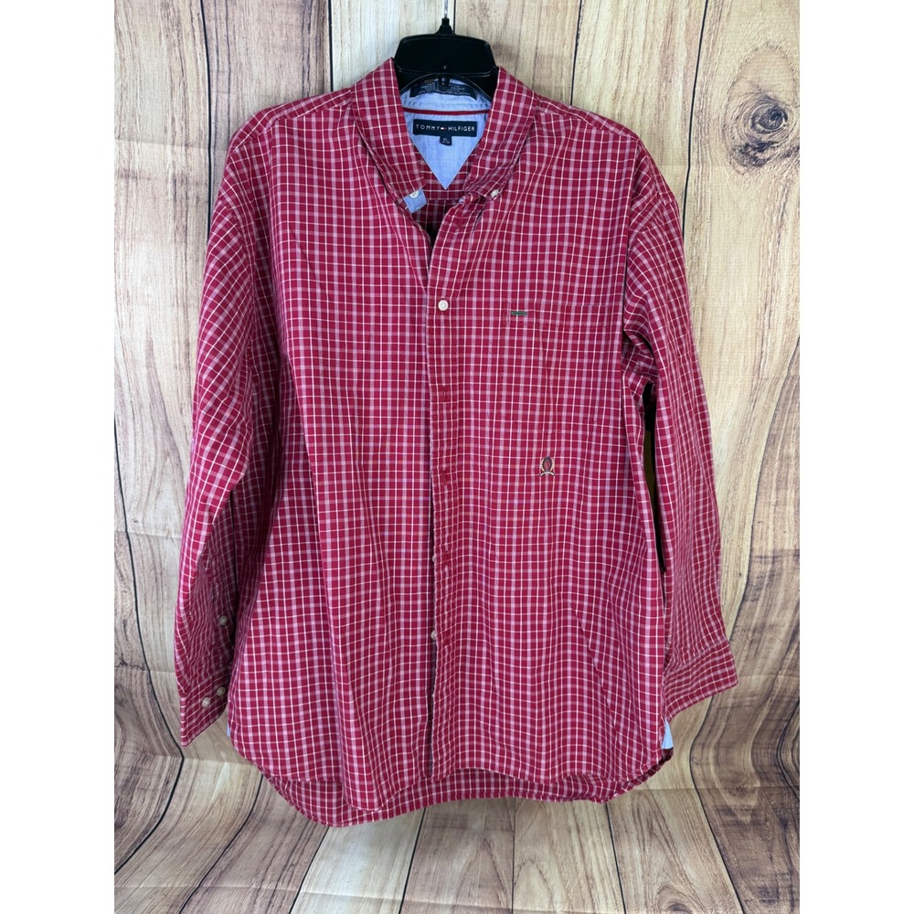 Tommy Hilfiger Mens XL Red White Plaid Button Down Shirt Long Sleeve Cotton